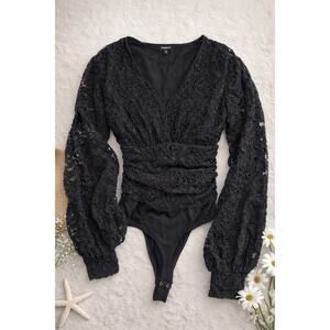 Express Women’s XS Black Lace Long Sleeve Bodysuit Sheer Arms V-Neck